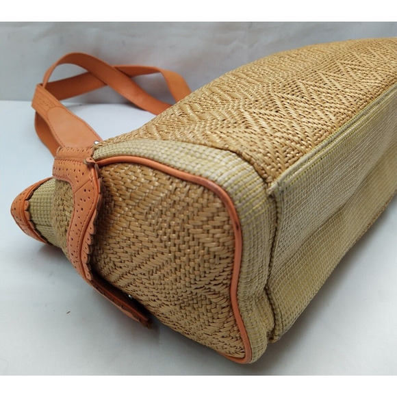 Cole Haan Tan Straw Orange Leather Trim Pocket Double Handle Satchel Bag - Picture 8 of 16